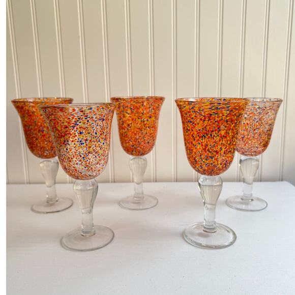 Set of 5 Hand-Blown Orange and Red Confetti Goblet GlassesSpeckled Design
